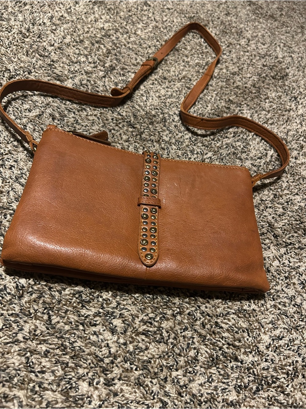Tan Leather Crossbody Bag with Studded Strap Detail